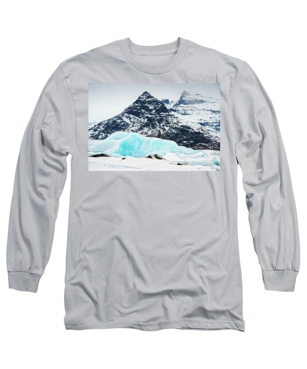 Fjallsarlon Long Sleeve T-Shirt featuring the photograph Glacier landscape Iceland blue black white by Matthias Hauser