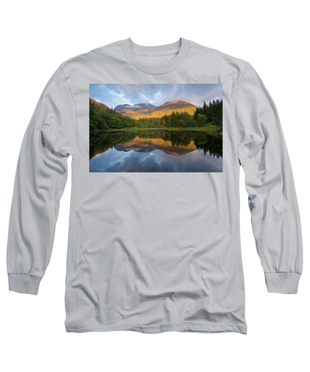 Bidean Nam Bian Long Sleeve T-Shirt featuring the photograph Golden Light at the Torren Lochan by Stephen Taylor