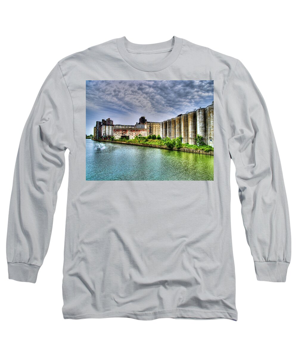 Grain Silo Long Sleeve T-Shirt featuring the photograph Grain Silos on the Buffalo River by Tammy Wetzel