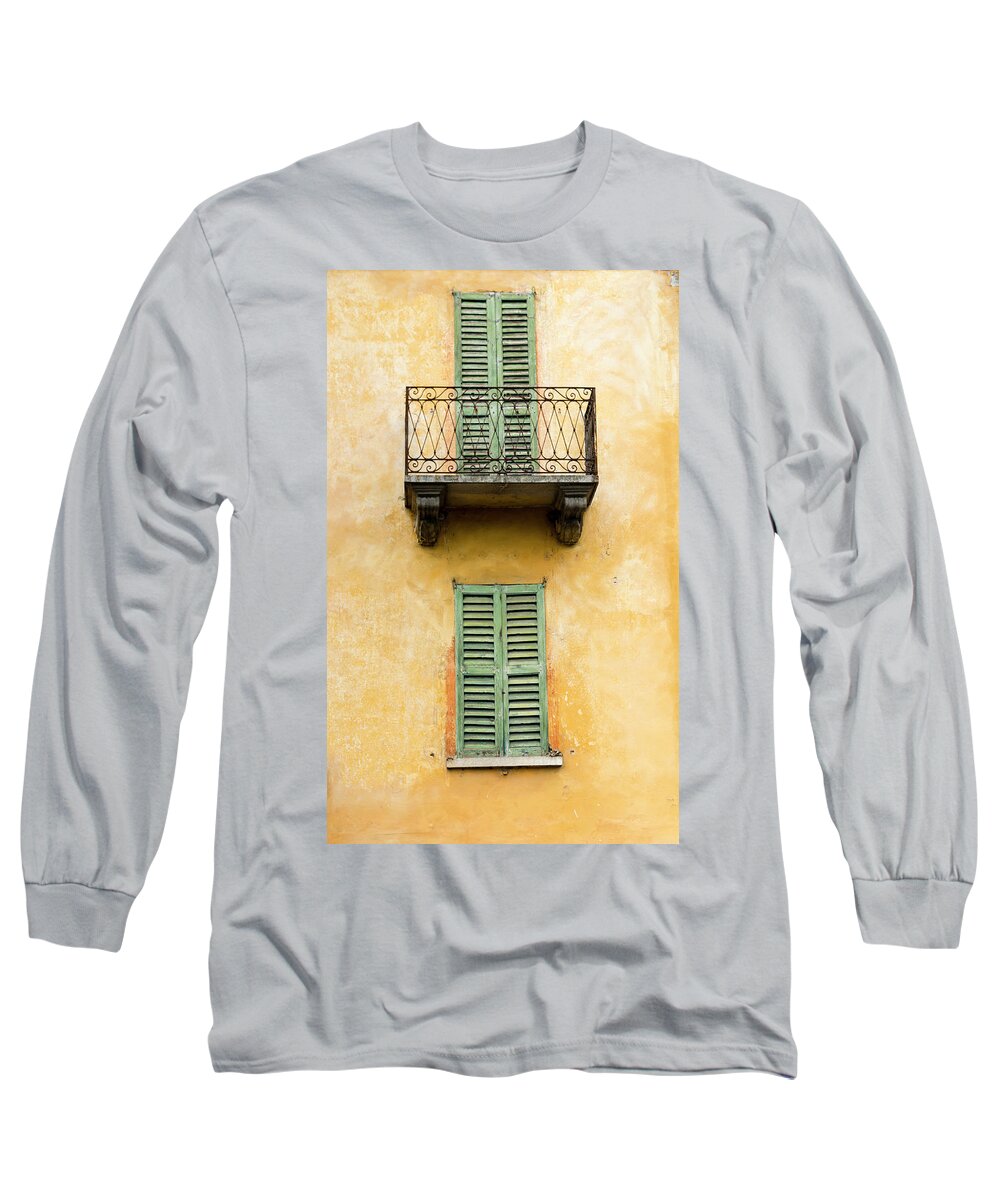 Architecture Long Sleeve T-Shirt featuring the photograph Green shuttered windows by Oscar Gutierrez