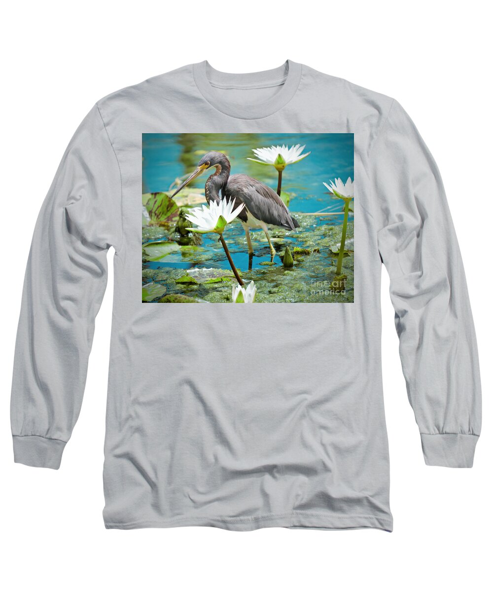 Birds Long Sleeve T-Shirt featuring the photograph Heron with Water Lillies by Judy Kay