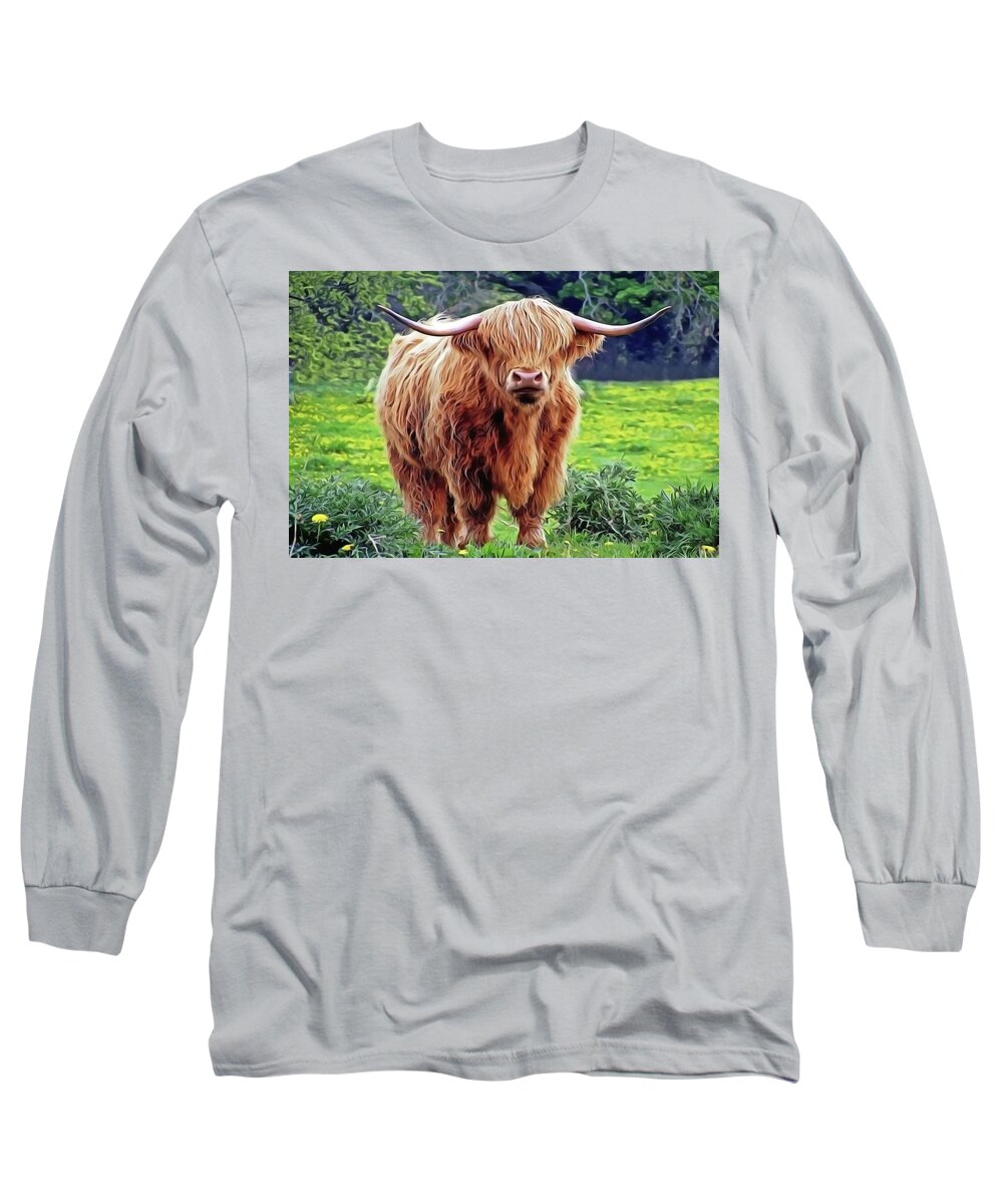 Highland Cow Long Sleeve T-Shirt featuring the painting Highland Cow by Harry Warrick
