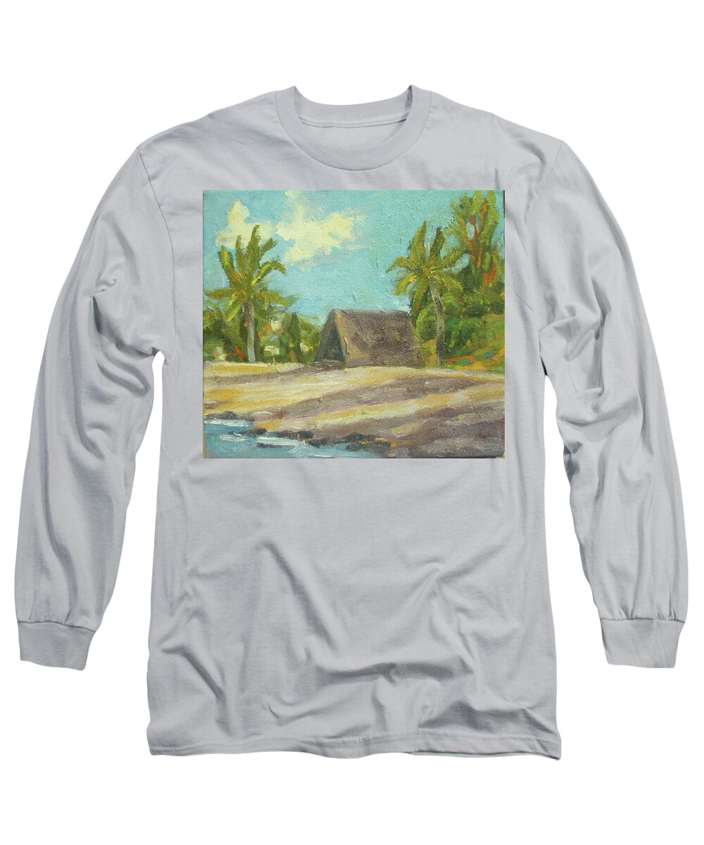 Hawaii Long Sleeve T-Shirt featuring the painting Honokohau Park Sacred Canoe Hut by Stan Chraminski