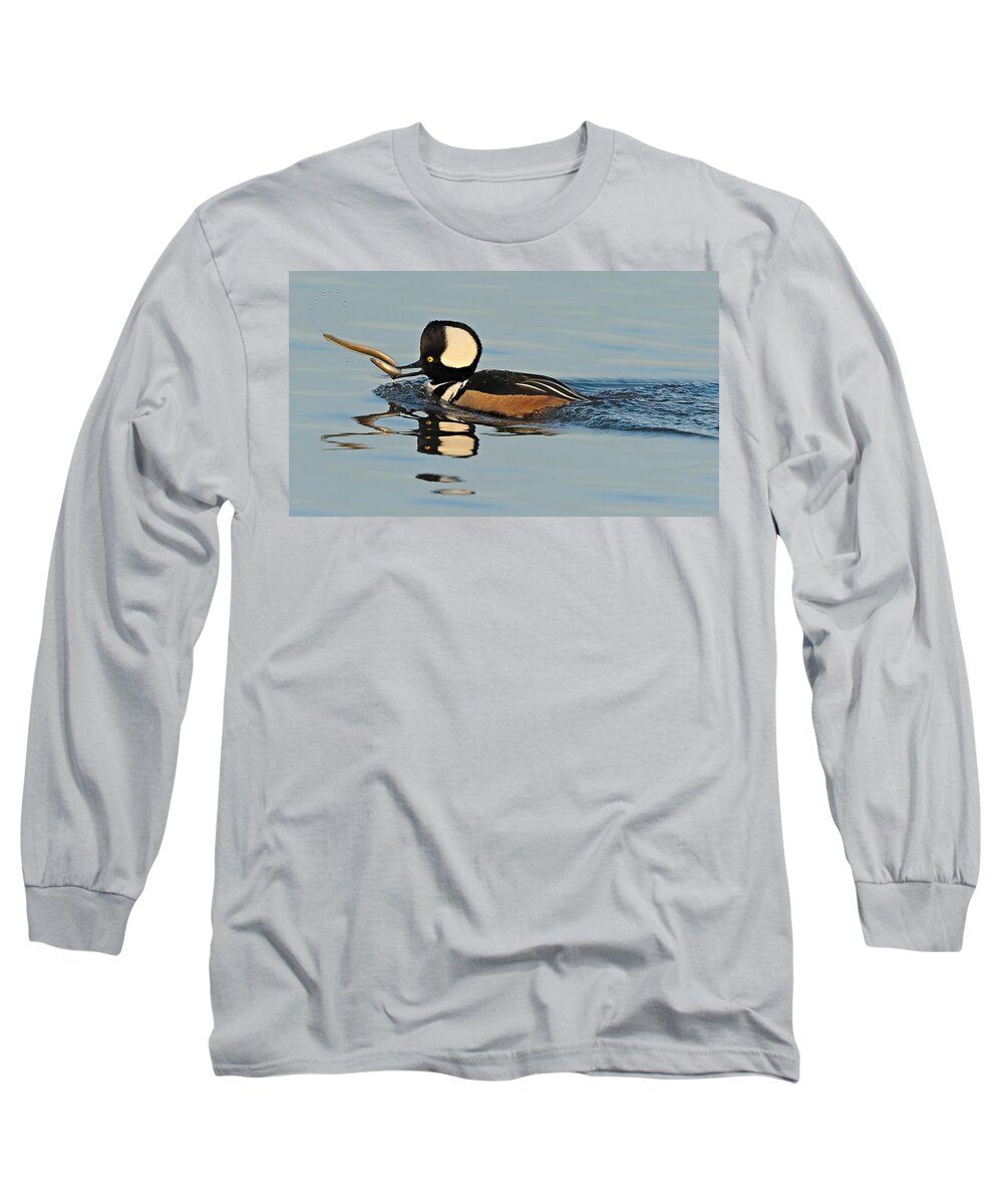 Merganser Long Sleeve T-Shirt featuring the photograph Hooded Merganser and Eel by William Jobes