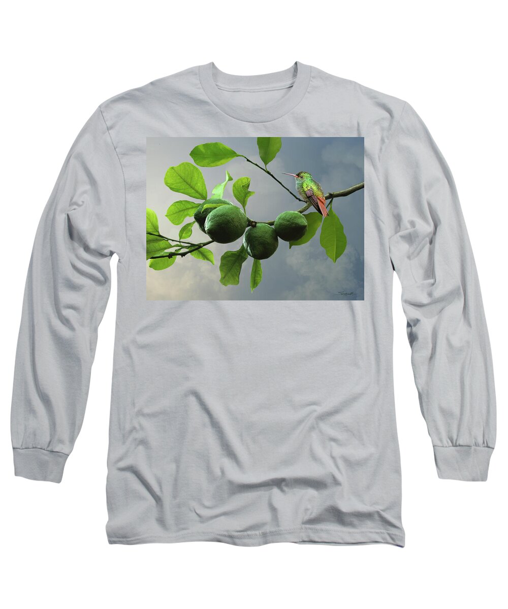 Fruit Long Sleeve T-Shirt featuring the digital art Hummingbird in LIme Tree by M Spadecaller