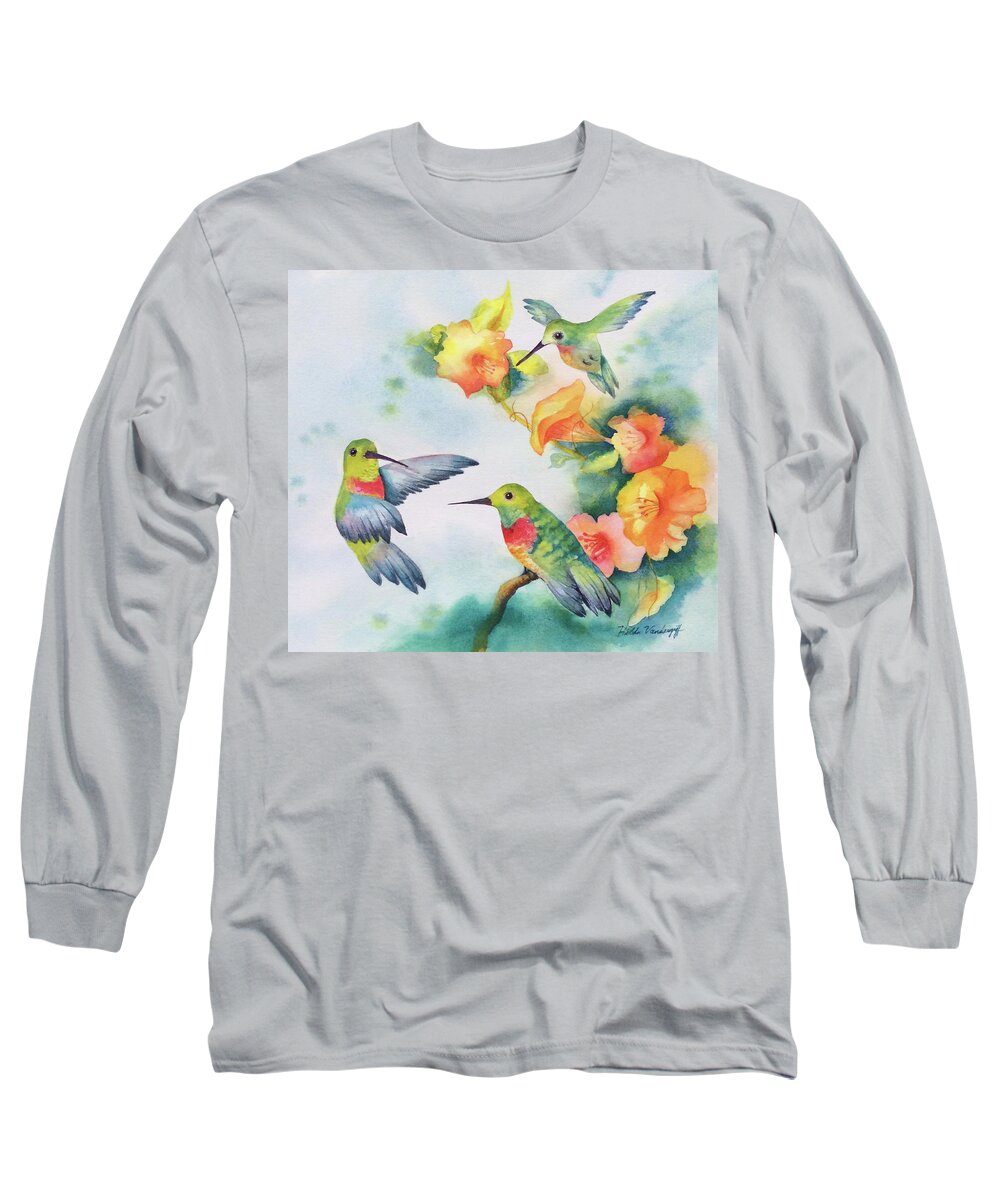 Hummingbirds Long Sleeve T-Shirt featuring the painting Hummingbirds with Orange Flowers by Hilda Vandergriff