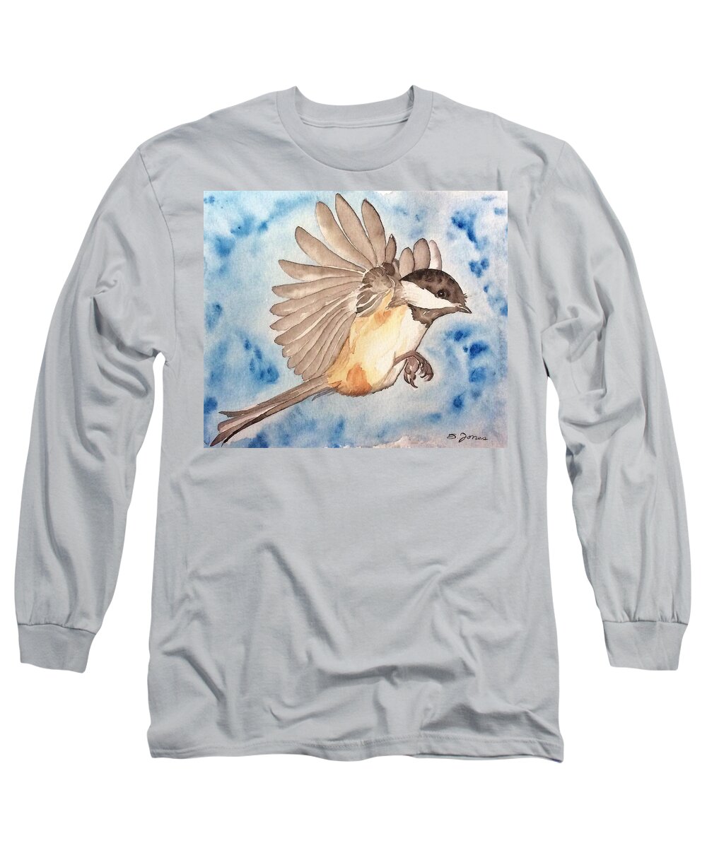 Chickadee Long Sleeve T-Shirt featuring the painting Inflight - cropped by Sonja Jones