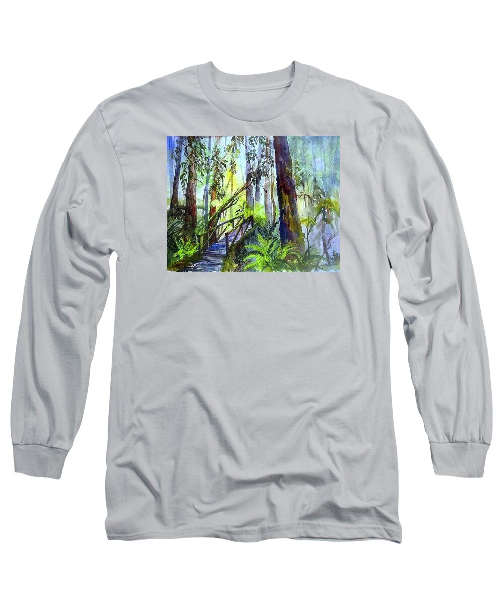 Misty Redwoods Long Sleeve T-Shirt featuring the painting Into The Mist by Esther Woods