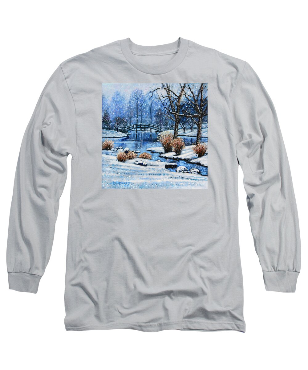 Japanese Bridge Long Sleeve T-Shirt featuring the painting Japanese Winter by John Lautermilch
