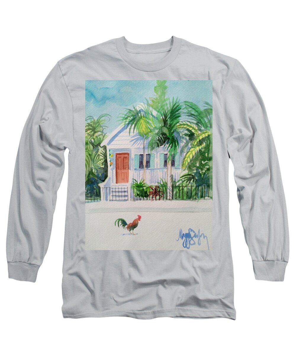 Key West Cottage Tropical Cottage Florida Keys Tropic Long Sleeve T-Shirt featuring the painting Key West Cottage by Maggii Sarfaty