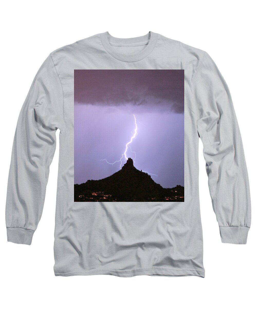 Pinnacle Peak Long Sleeve T-Shirt featuring the photograph Lightning Striking Pinnacle Peak Scottsdale AZ by James BO Insogna