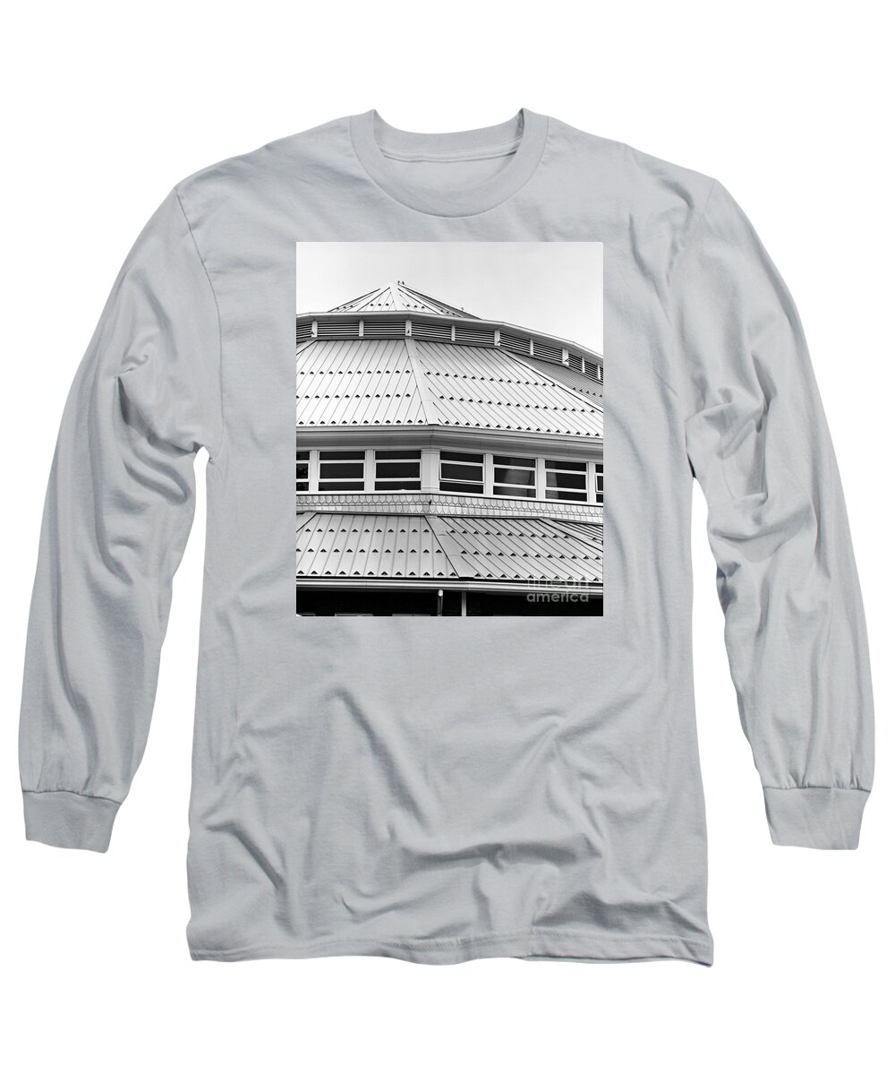 Livestock Building Roof Metal Steel Iowa State Fair Fairgrounds Black White Monochrome Long Sleeve T-Shirt featuring the photograph Livestock Building Roof by Ken DePue