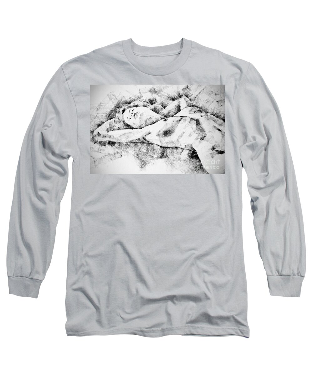 Drawing Long Sleeve T-Shirt featuring the drawing Lying Woman Figure Drawing by Dimitar Hristov