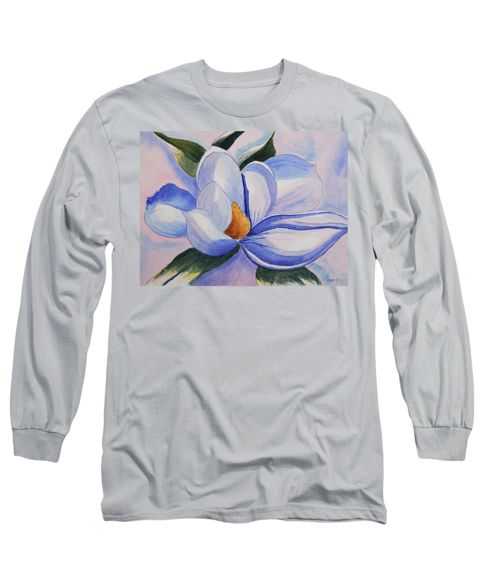 Magnolia Long Sleeve T-Shirt featuring the painting Magnolia Blossom at Dawn by Cynthia Schoeppel