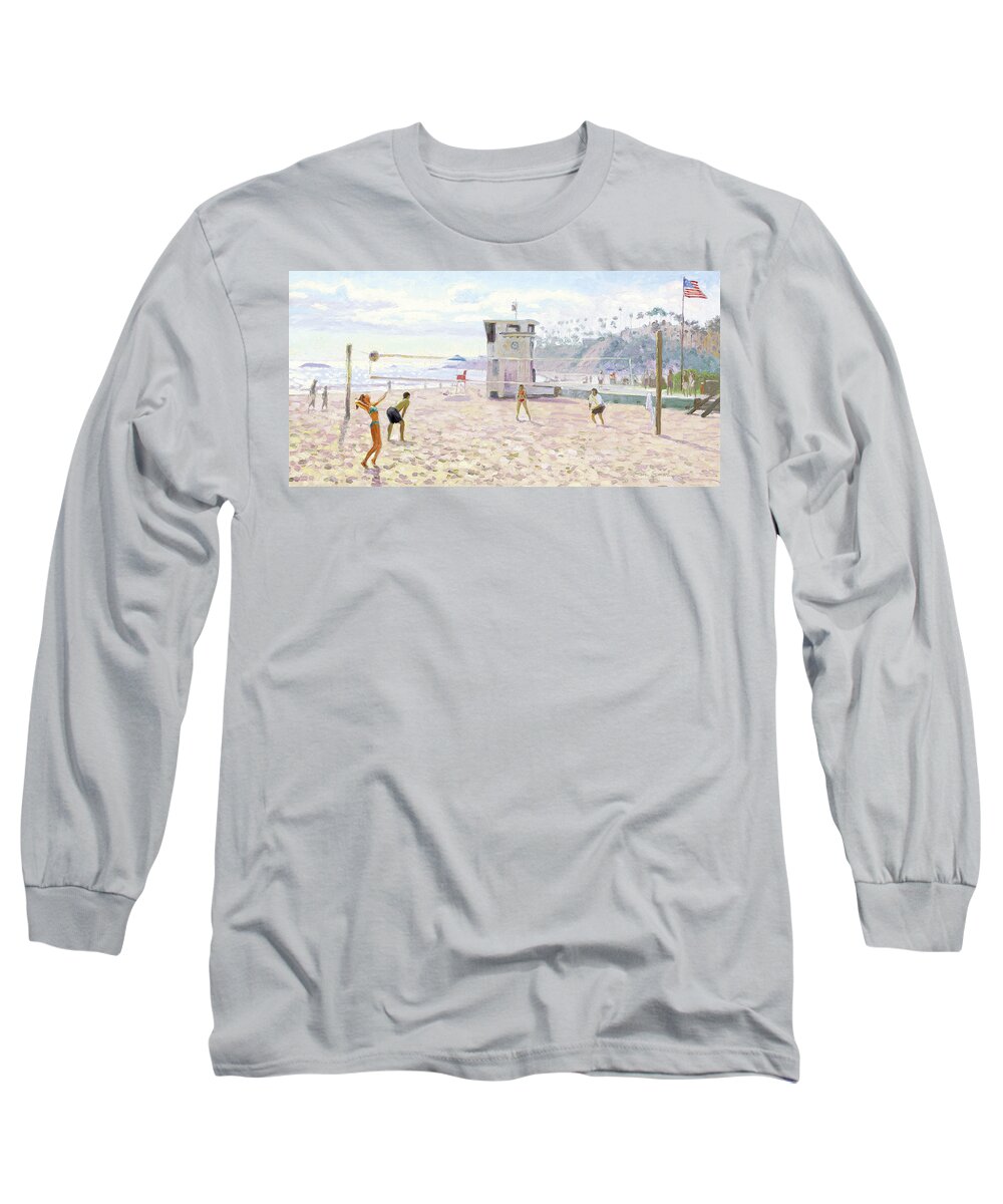 Main Long Sleeve T-Shirt featuring the painting Main Beach Volleyball by Steve Simon