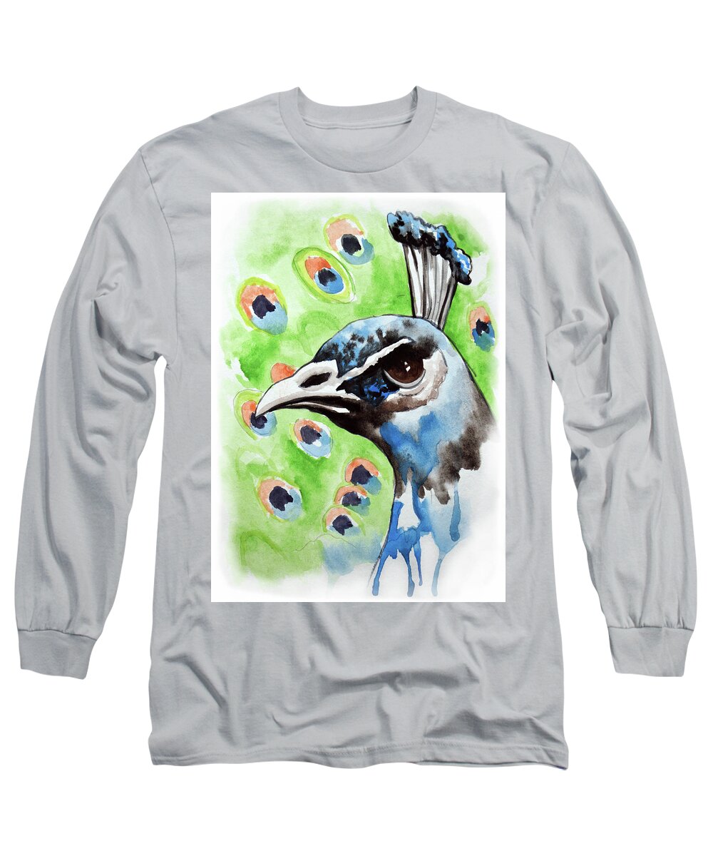Peacock Long Sleeve T-Shirt featuring the painting Majestic - Peacock bird art by Amy Giacomelli