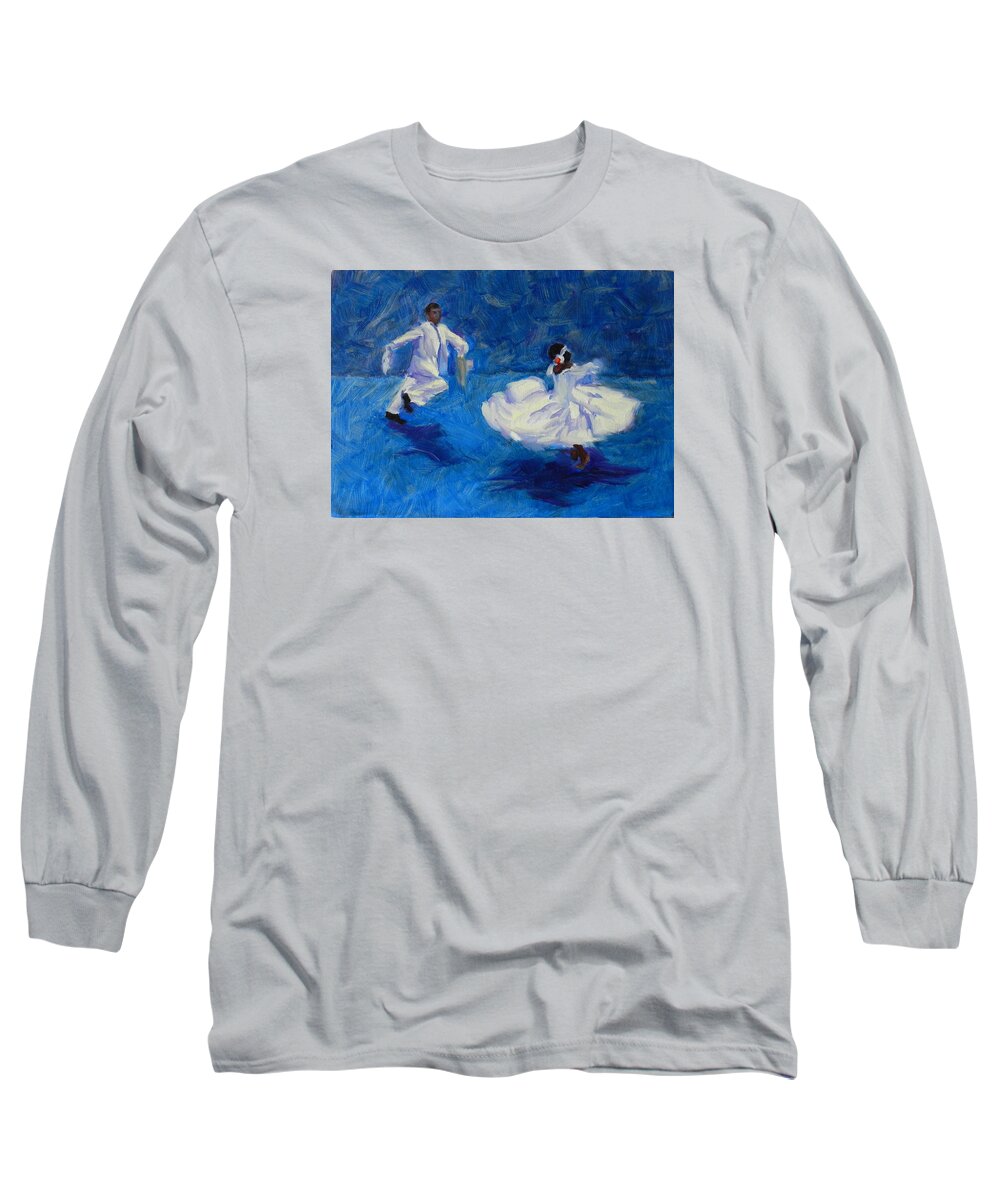Figures Long Sleeve T-Shirt featuring the painting Marinera Nortenia blue, Peru Impression by Ningning Li