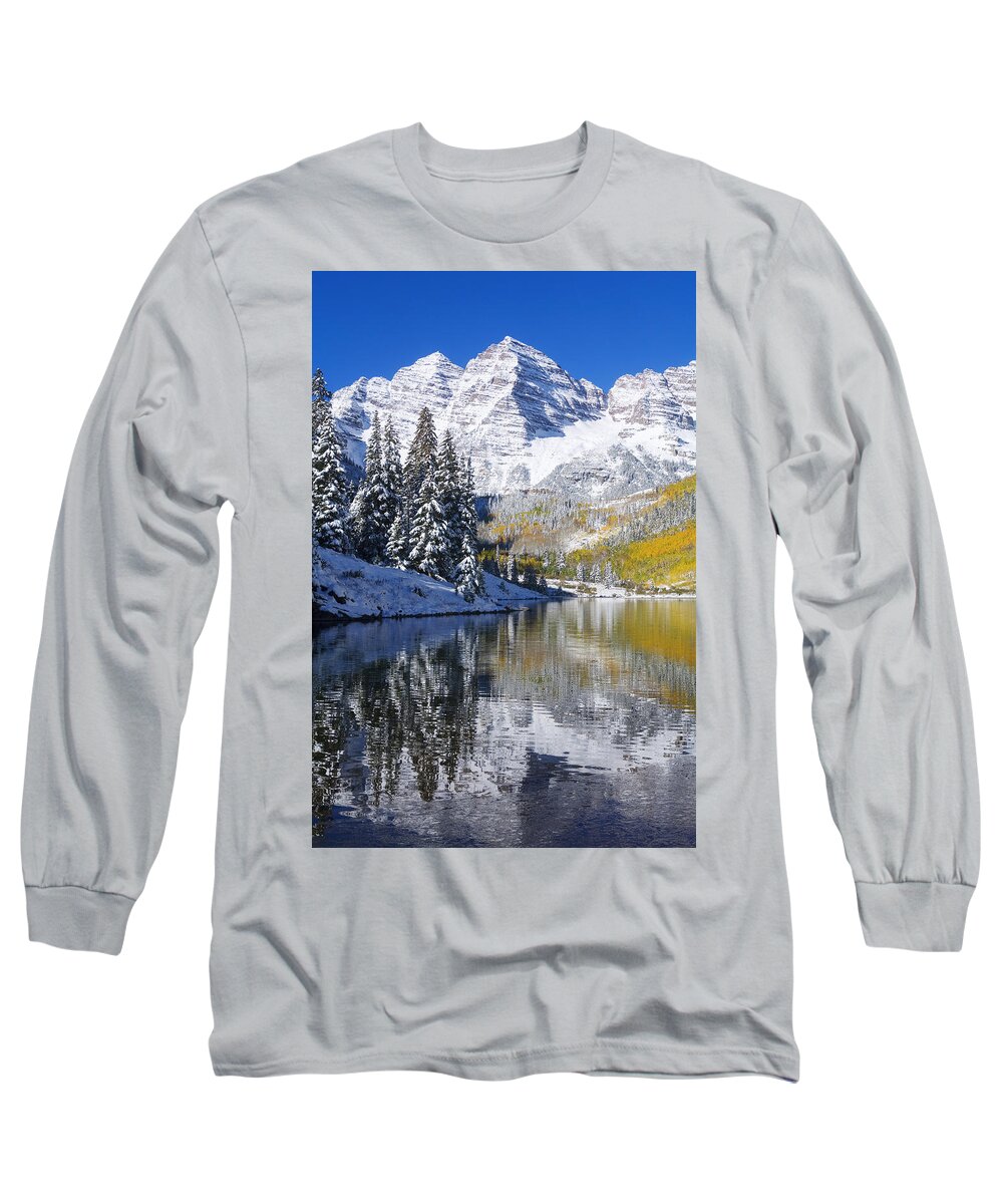 Aspen Long Sleeve T-Shirt featuring the photograph Maroon Lake and Bells 2 by Ron Dahlquist - Printscapes