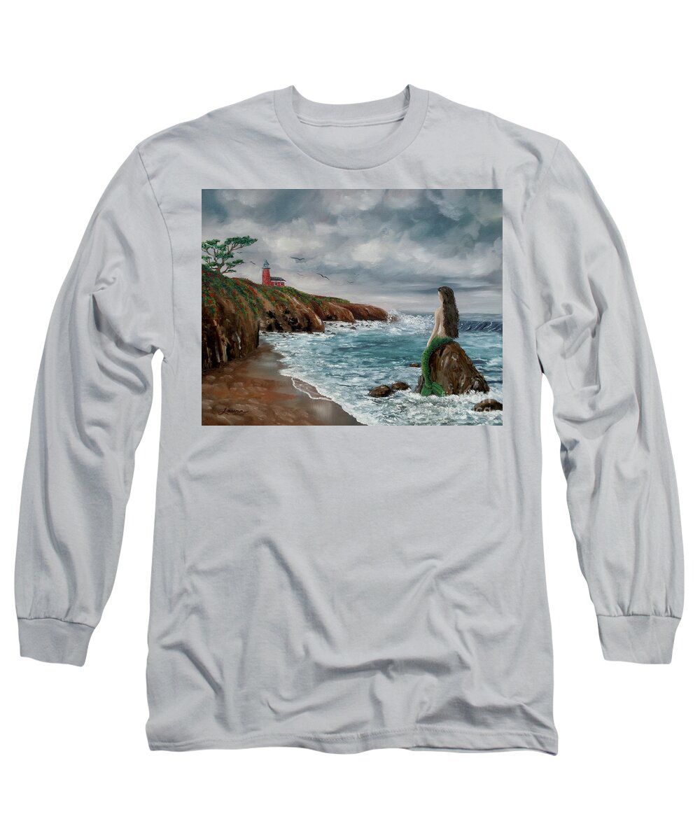 Seascape Long Sleeve T-Shirt featuring the painting Mermaid at Santa Cruz by Laura Iverson