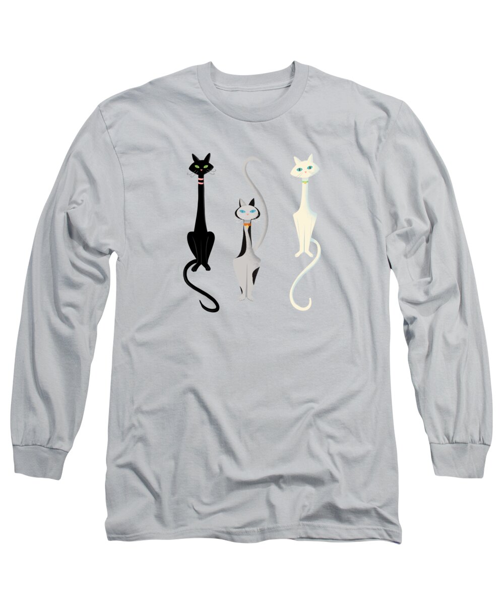 Cats Long Sleeve T-Shirt featuring the painting Midcentury Modern Sleek And Stylish Parisian Kitty Cat Trio by Little Bunny Sunshine