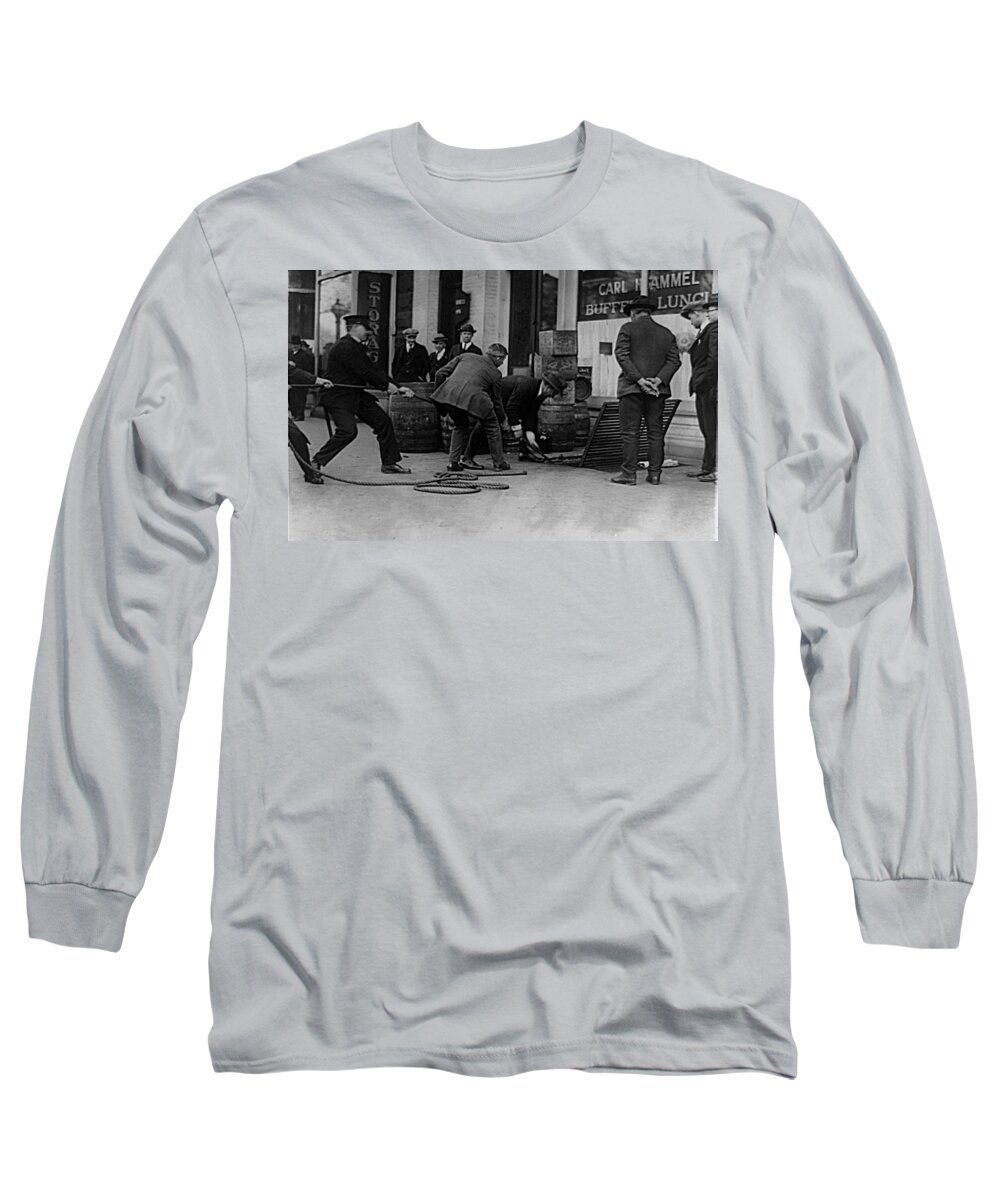 Moonshine Long Sleeve T-Shirt featuring the photograph Moonshine Raid by Prohibition Agents by Vintage Pix