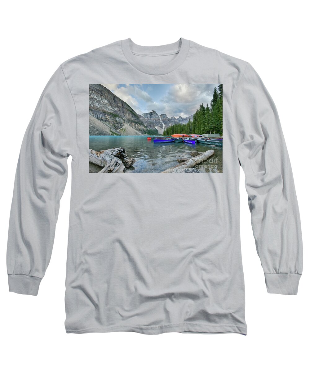 Moraine Lake Long Sleeve T-Shirt featuring the photograph Moraine logs and canoes by Paul Quinn