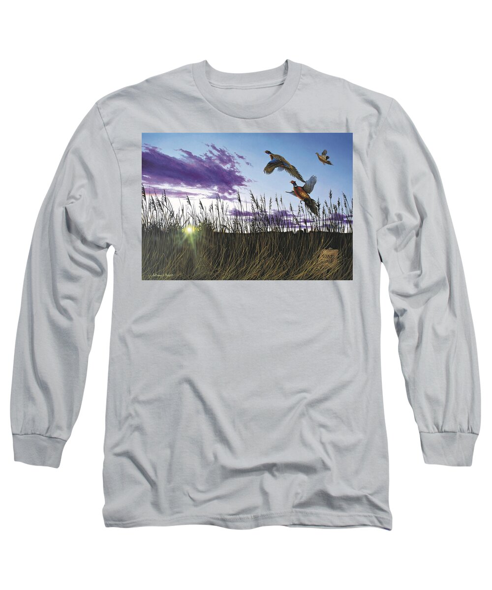 Pheasants Long Sleeve T-Shirt featuring the painting Morning Glory by Anthony J Padgett