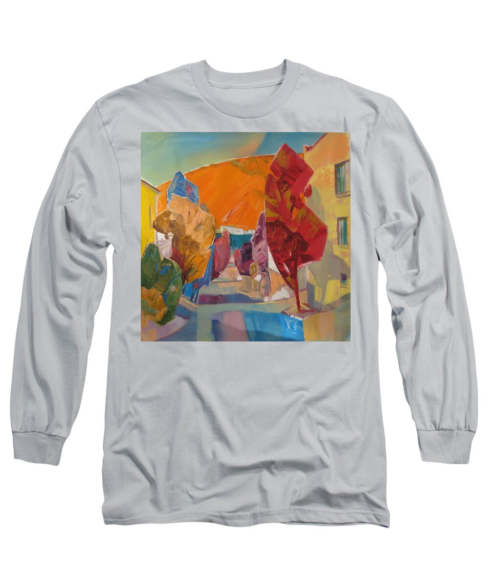 Landscape Long Sleeve T-Shirt featuring the painting Morning of the streets by Sergey Ignatenko