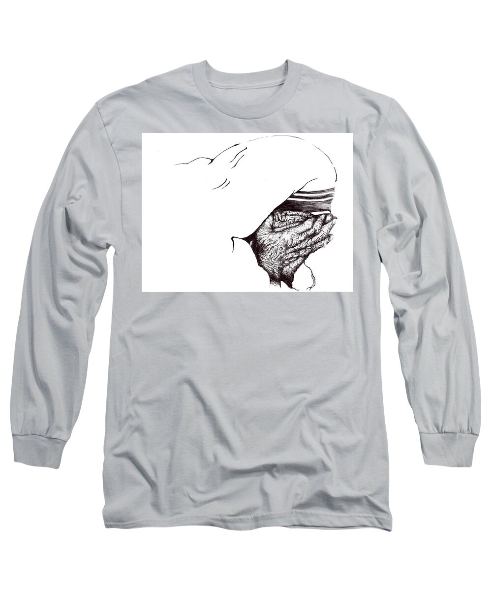 Mother Teresa Long Sleeve T-Shirt featuring the drawing Mother Teresa-Pray today by Doug Johnson