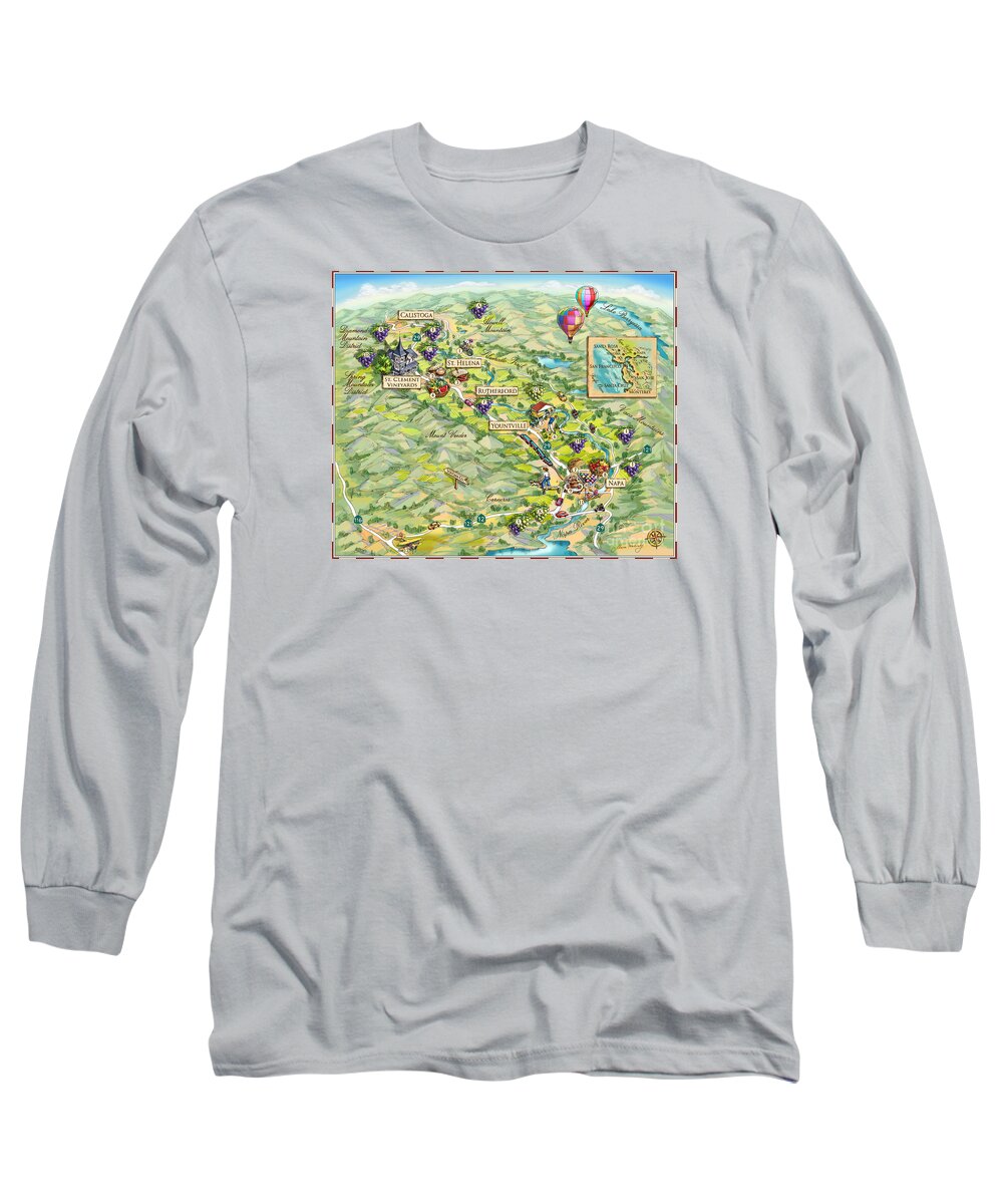 Napa Valley Long Sleeve T-Shirt featuring the painting Napa Valley Illustrated Map by Maria Rabinky