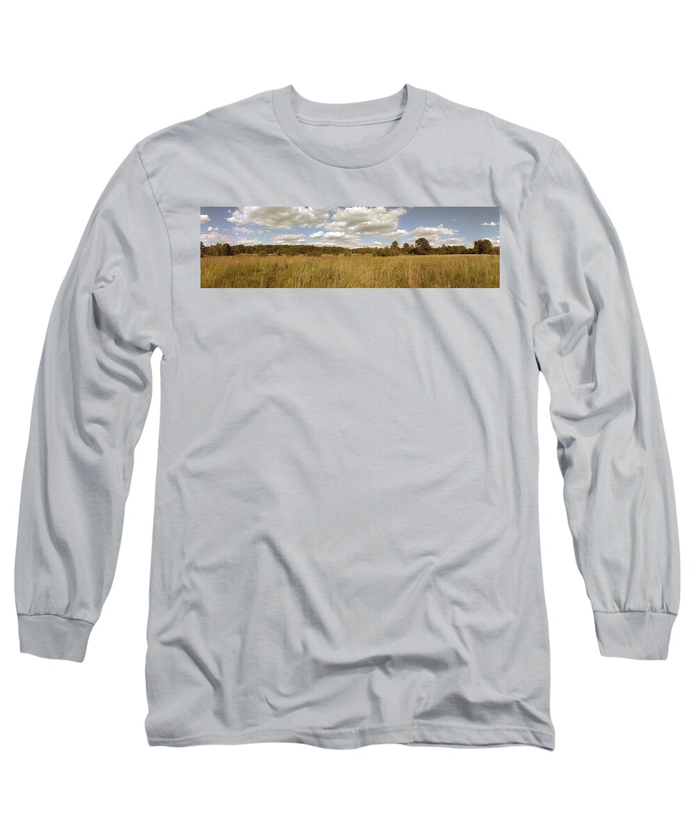 Natural Long Sleeve T-Shirt featuring the photograph Natural meadow landscape panorama. by Arletta Cwalina