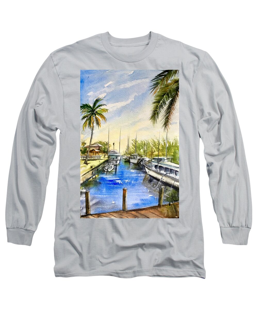 Boats Long Sleeve T-Shirt featuring the painting Near the canal by Katerina Kovatcheva