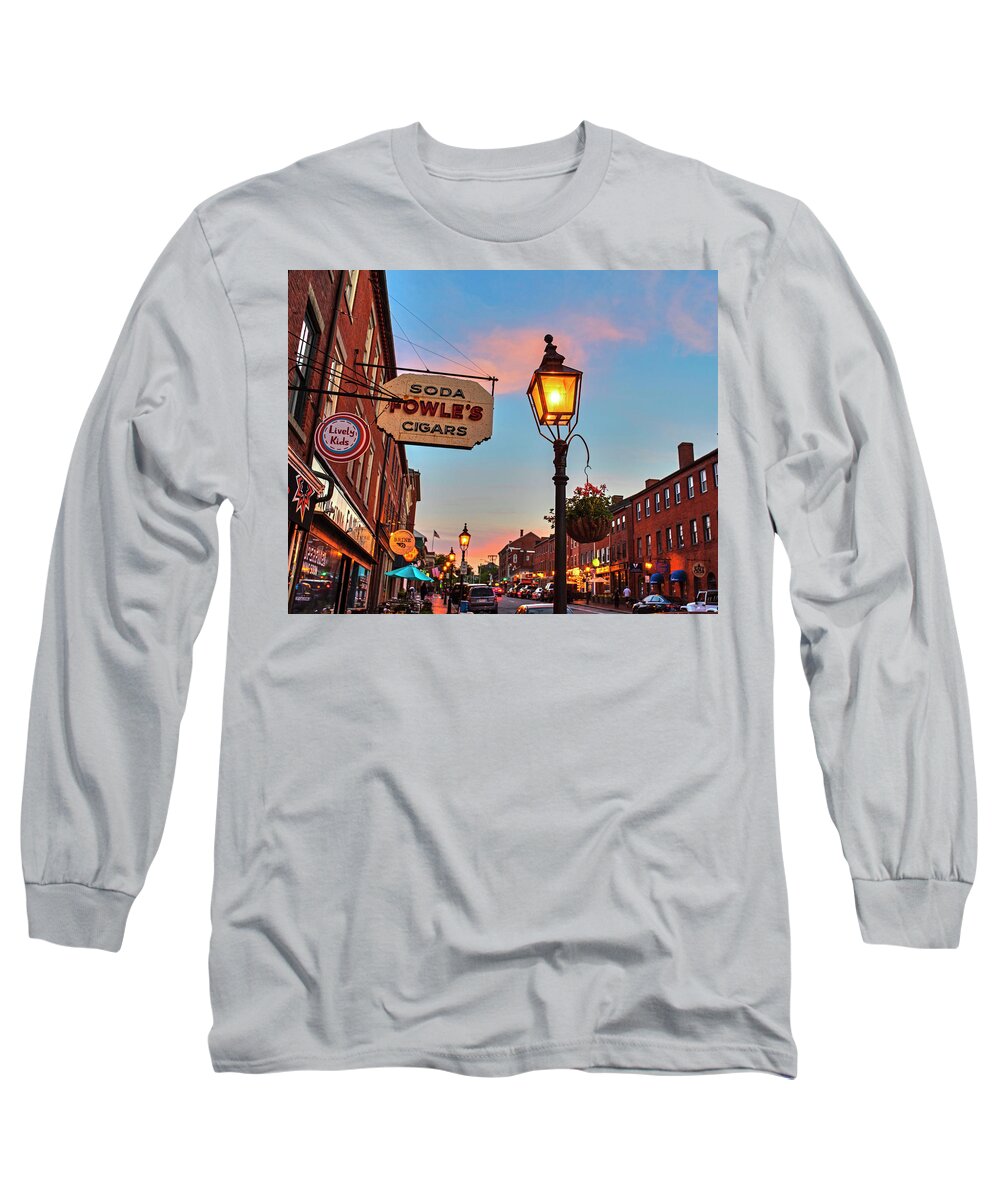 Newburyport Long Sleeve T-Shirt featuring the photograph Newburyport MA High Street Lanterns at Sunset Fowle's by Toby McGuire
