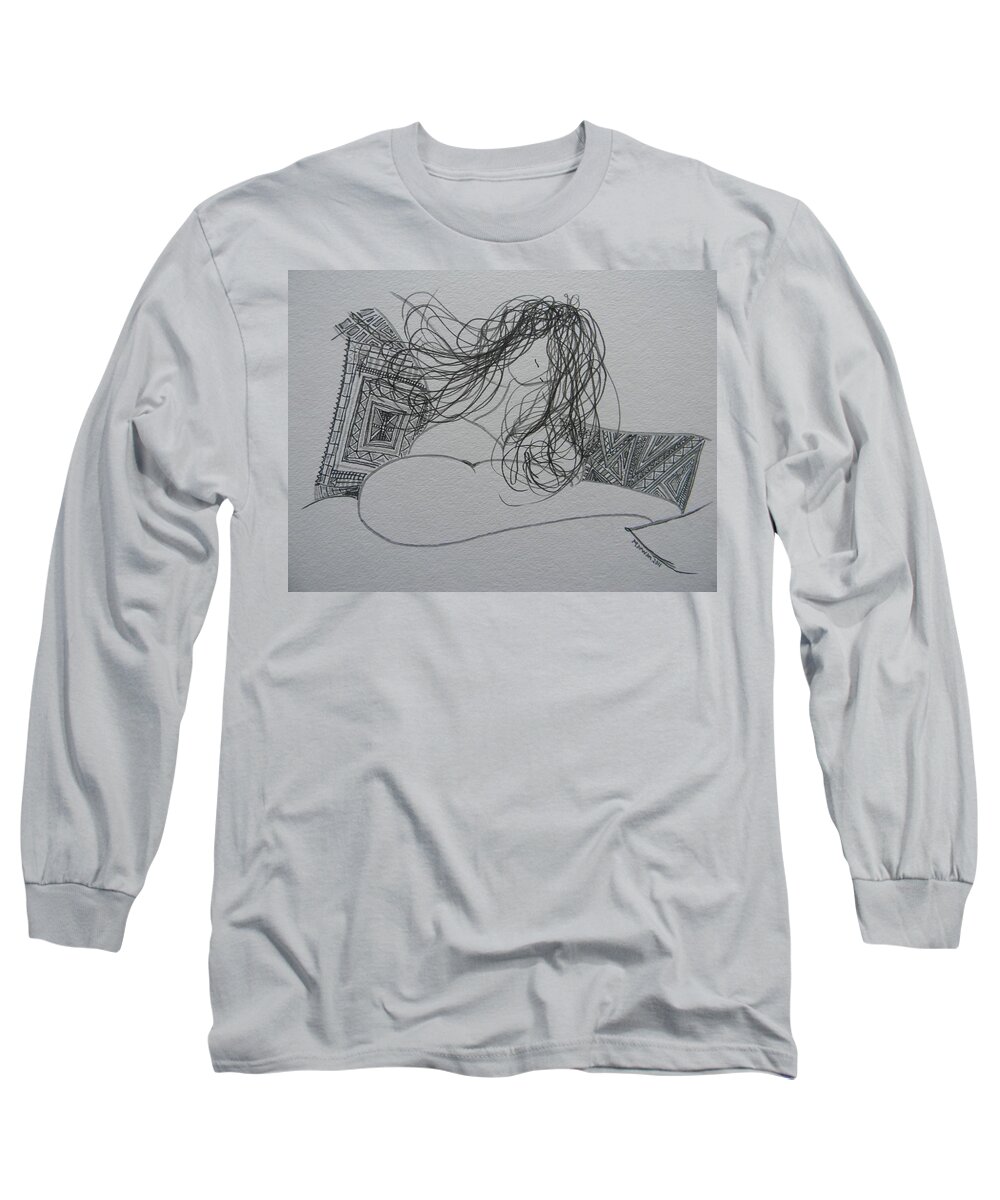 Marwan Long Sleeve T-Shirt featuring the drawing Nude I by Marwan George Khoury