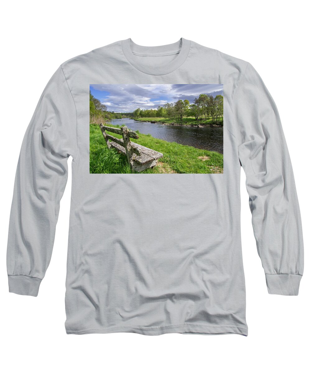 Old Long Sleeve T-Shirt featuring the photograph Old Bench along Spey River, Scotland by Arterra Picture Library