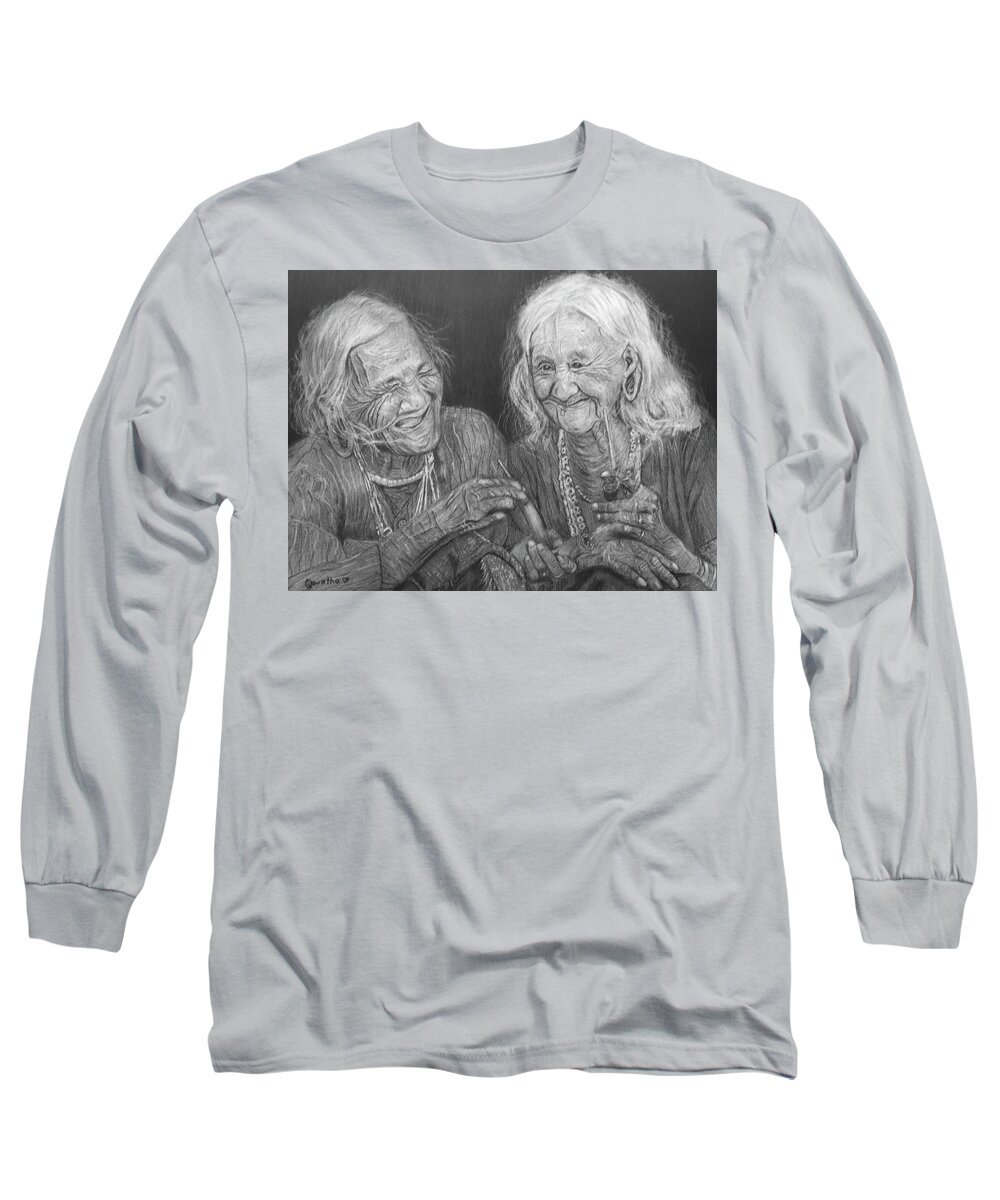 Women Long Sleeve T-Shirt featuring the drawing Old Friends, Smokin' and Jokin' 2 by Quwatha Valentine