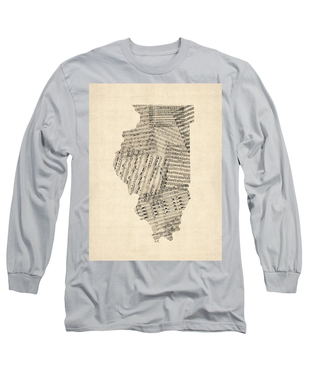 Illinois Long Sleeve T-Shirt featuring the digital art Old Sheet Music Map of Illinois by Michael Tompsett