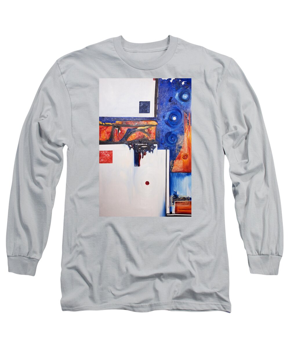 Orange Blue Gators Broncos Mid-century Modern Abstract Swirls Piet Complementary Colors Long Sleeve T-Shirt featuring the painting Orange and Blue by Brenda Salamone