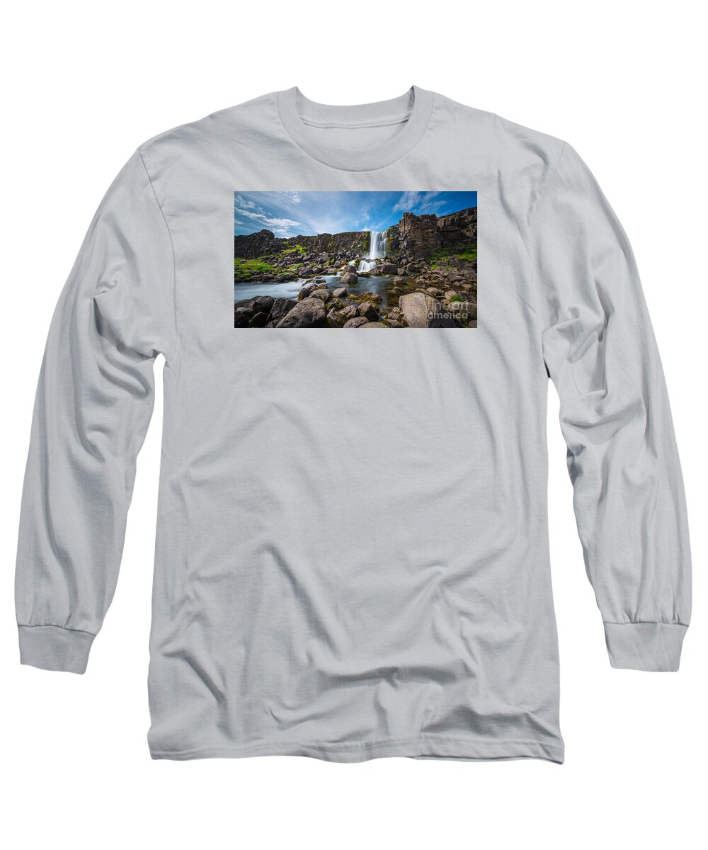 Oxararfoss Waterfall Pingvellir National Park Long Sleeve T-Shirt featuring the photograph Oxararfoss Waterfall by Michael Ver Sprill