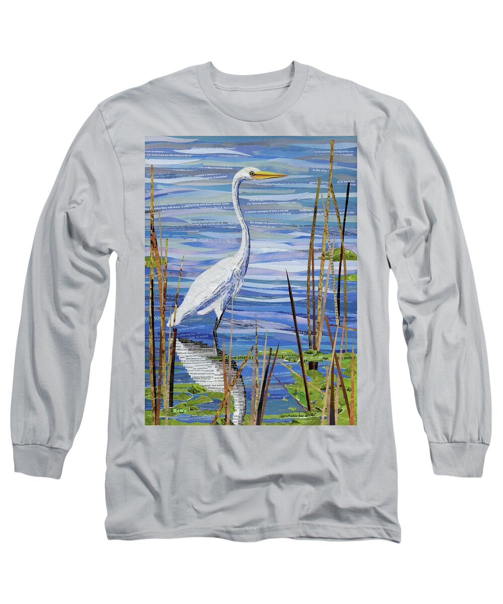 Heron Long Sleeve T-Shirt featuring the mixed media Paper Crane by Shawna Rowe