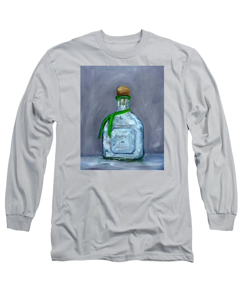 Man Cave Long Sleeve T-Shirt featuring the painting Patron Silver Tequila Bottle Man Cave by Katy Hawk