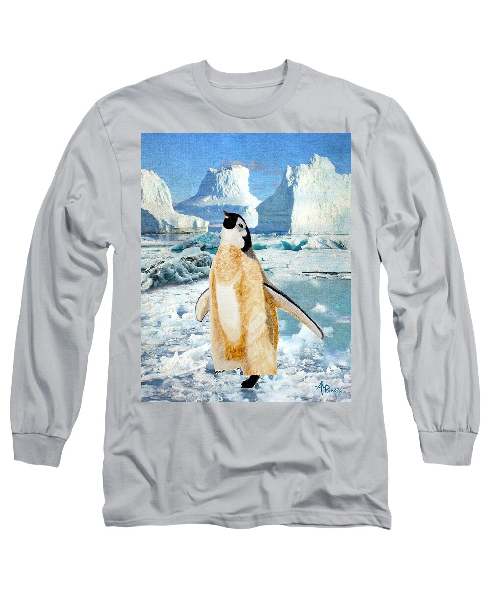 Emperor Penguin Long Sleeve T-Shirt featuring the painting Penguin Chick In The Arctic by Angeles M Pomata