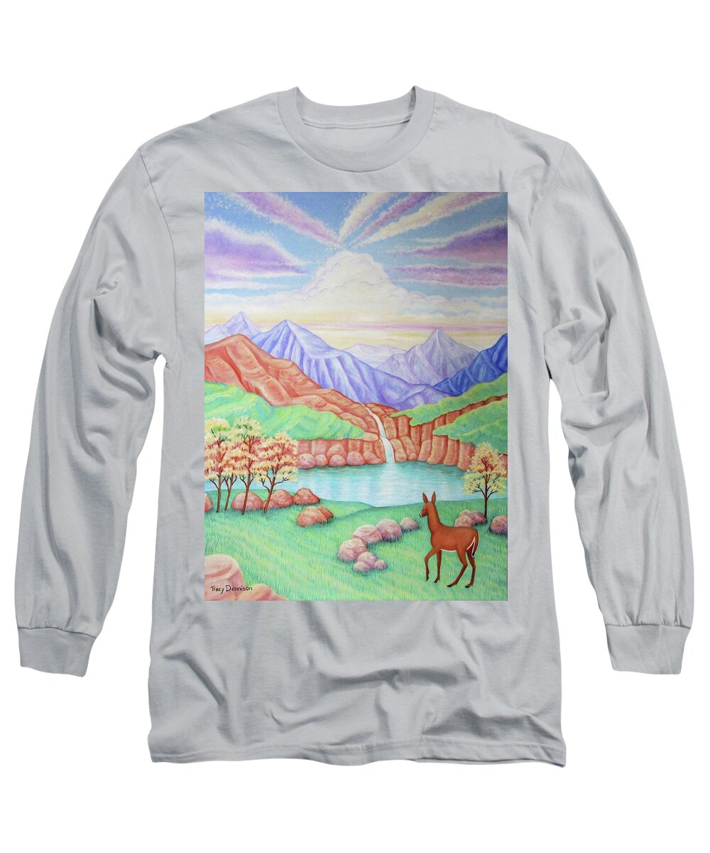 Deer Landscape Waterfall Mountains Long Sleeve T-Shirt featuring the painting Phantom Valley by Tracy Dennison
