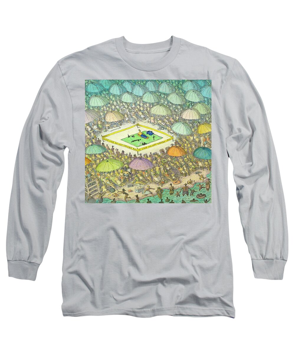 Police - General; Swimming Long Sleeve T-Shirt featuring the drawing Police Tape Beach by John O'Brien