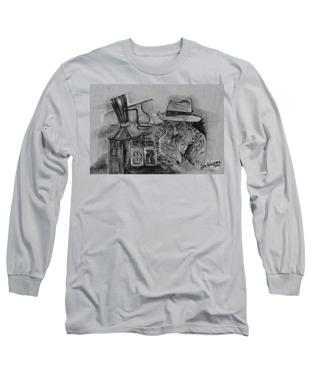 Popcorn Sutton Long Sleeve T-Shirt featuring the painting Popcorn Sutton - Black and White - Waiting on Shine by Jan Dappen
