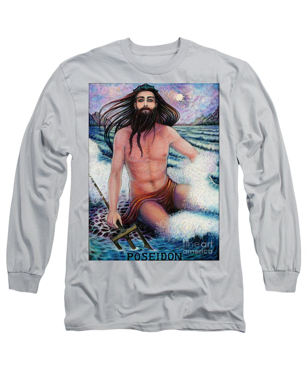 Greek God Long Sleeve T-Shirt featuring the drawing Poseidon by Debra Hitchcock