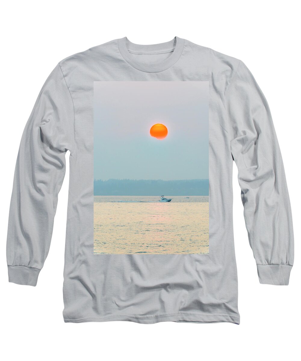 Sunset Long Sleeve T-Shirt featuring the digital art Puget Sound under the heavy smoke by Michael Lee