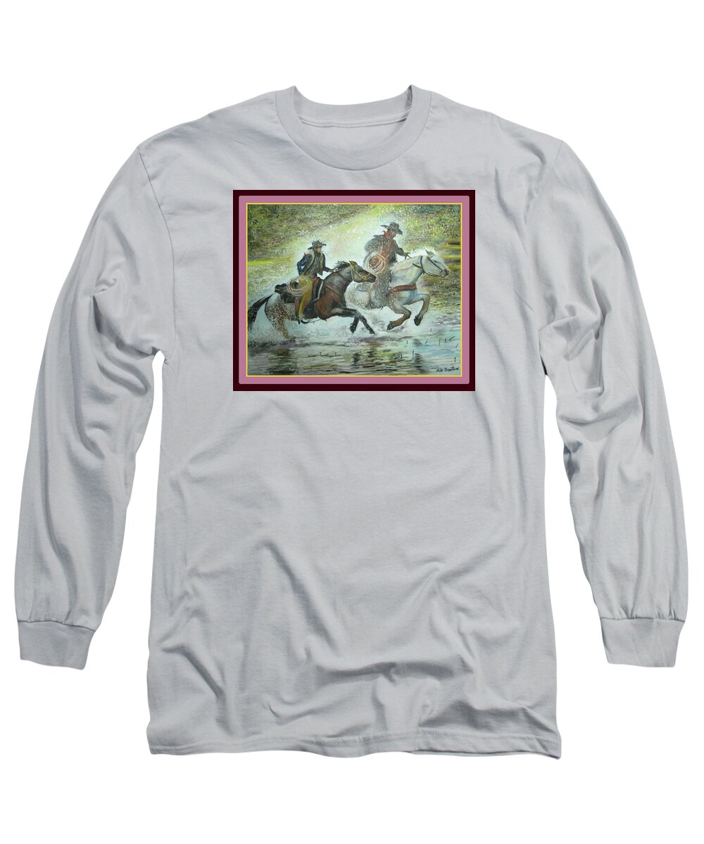 Horses Long Sleeve T-Shirt featuring the painting Racing through the water by Mike Benton