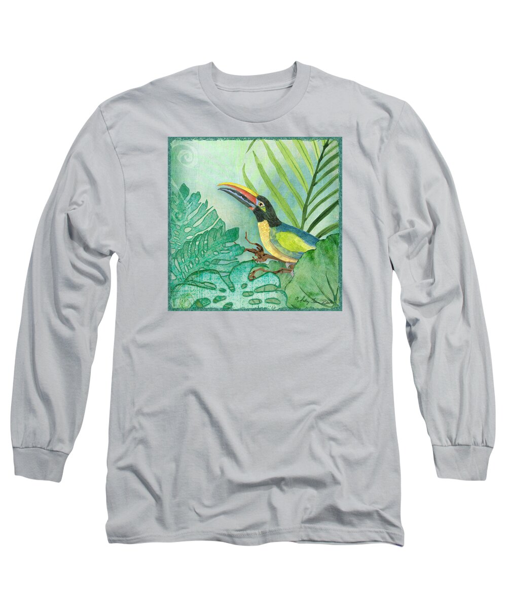 Square Format Long Sleeve T-Shirt featuring the painting Rainforest Tropical - Jungle Toucan w Philodendron Elephant Ear and Palm Leaves 2 by Audrey Jeanne Roberts