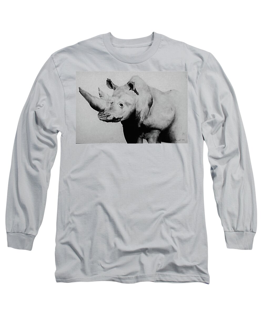Animal Long Sleeve T-Shirt featuring the drawing Rhino by Leizel Grant